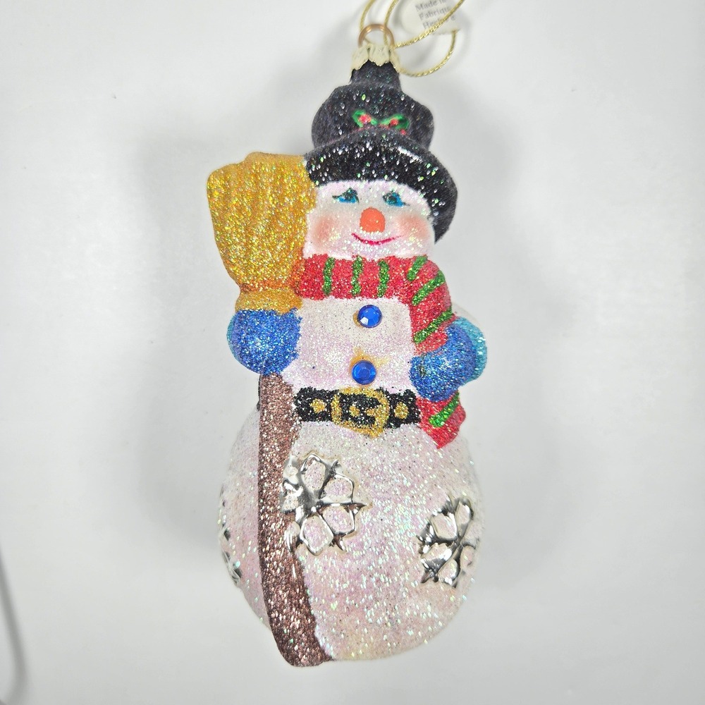 NICE Blown Glass Christmas Ornament Snowman‎ Glitter Sparkle Bejeweled Costco